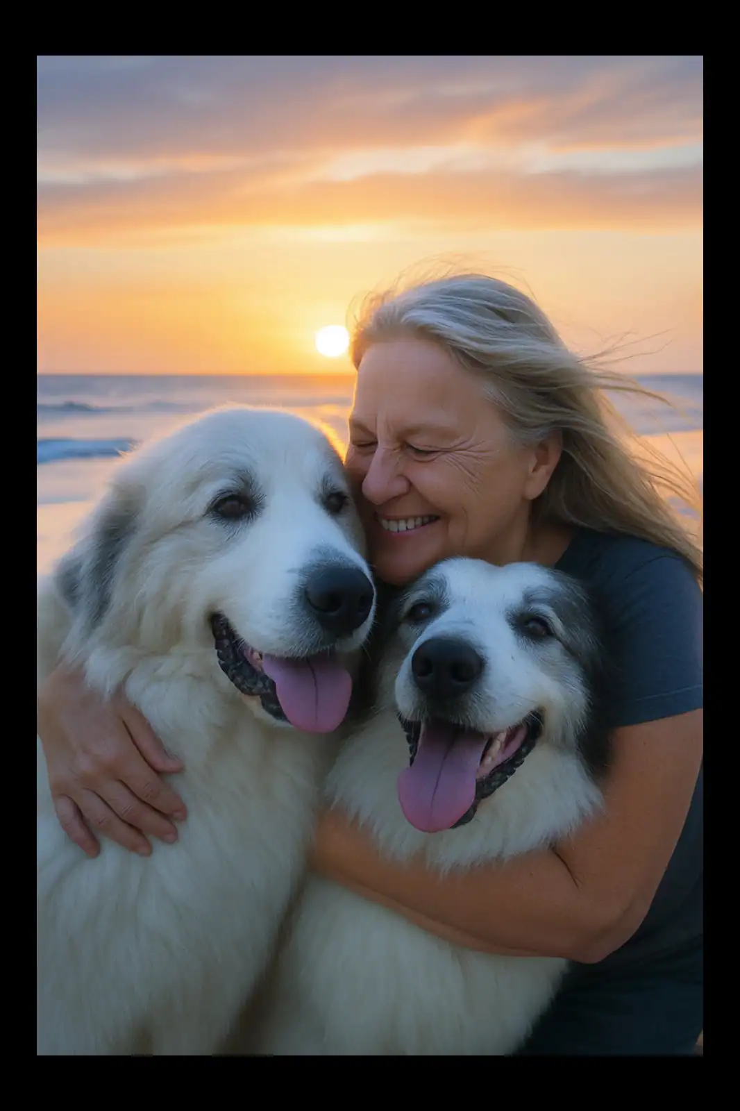 Ingrid met haar honden bij zonsondergang