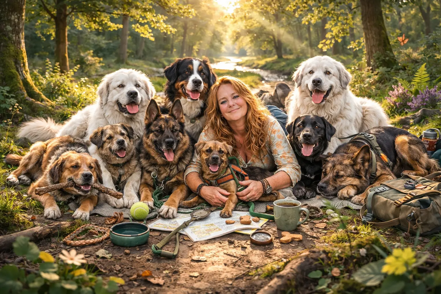 Ingrid samen met een groep honden in het bos